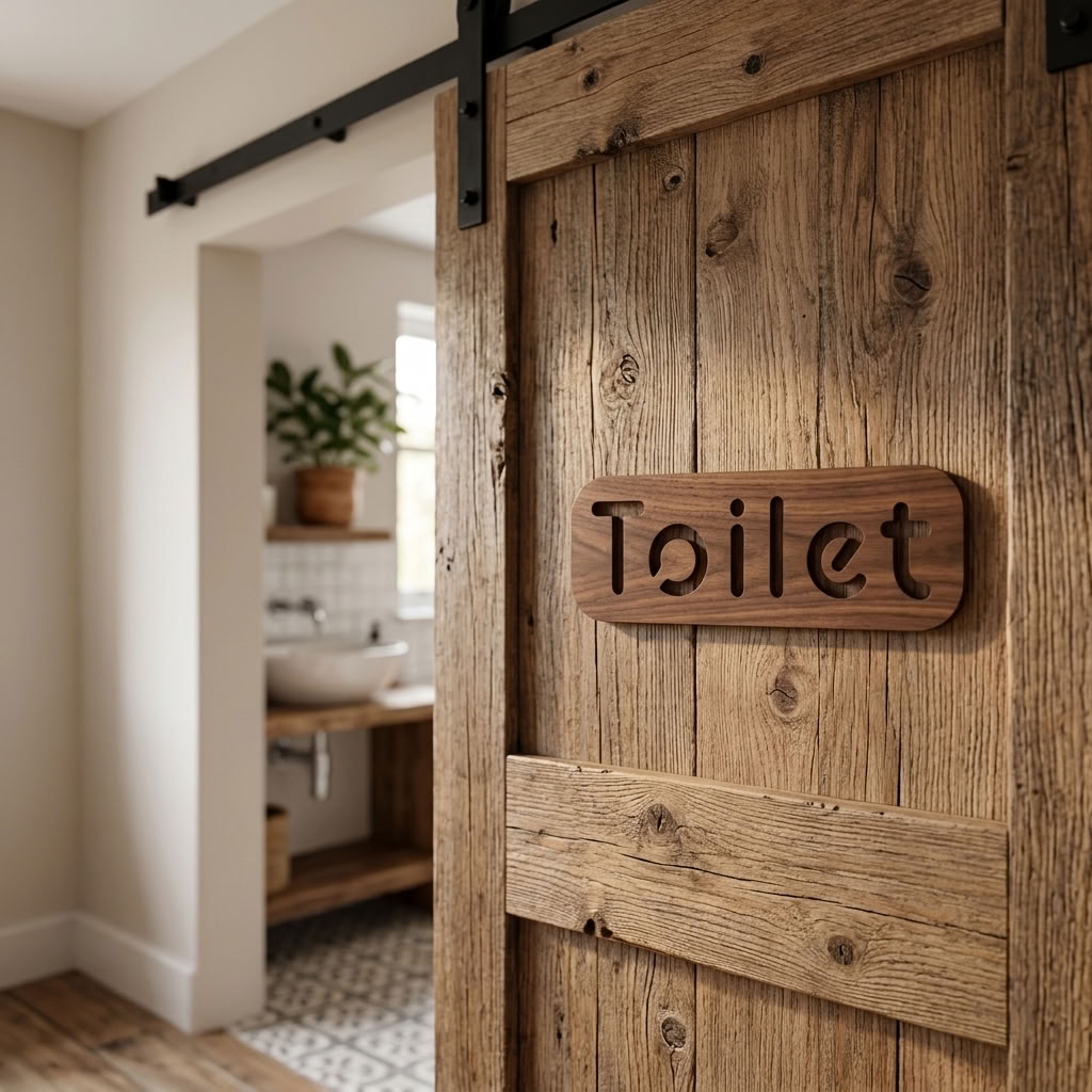 Walnut toilet word plaque for hotels, restaurants and workplace interiors