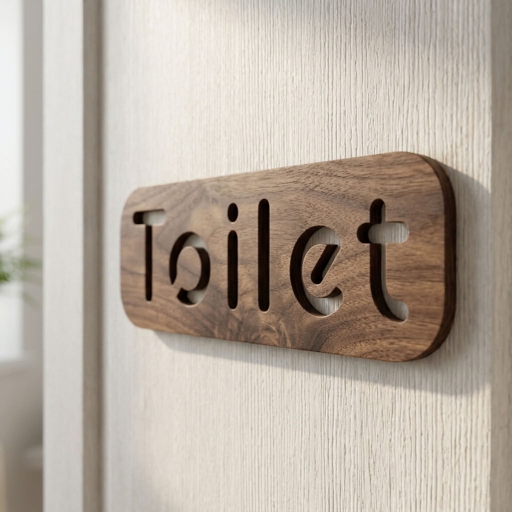 Walnut toilet door sign with cut-out Toilet lettering for cafés, offices and hotels