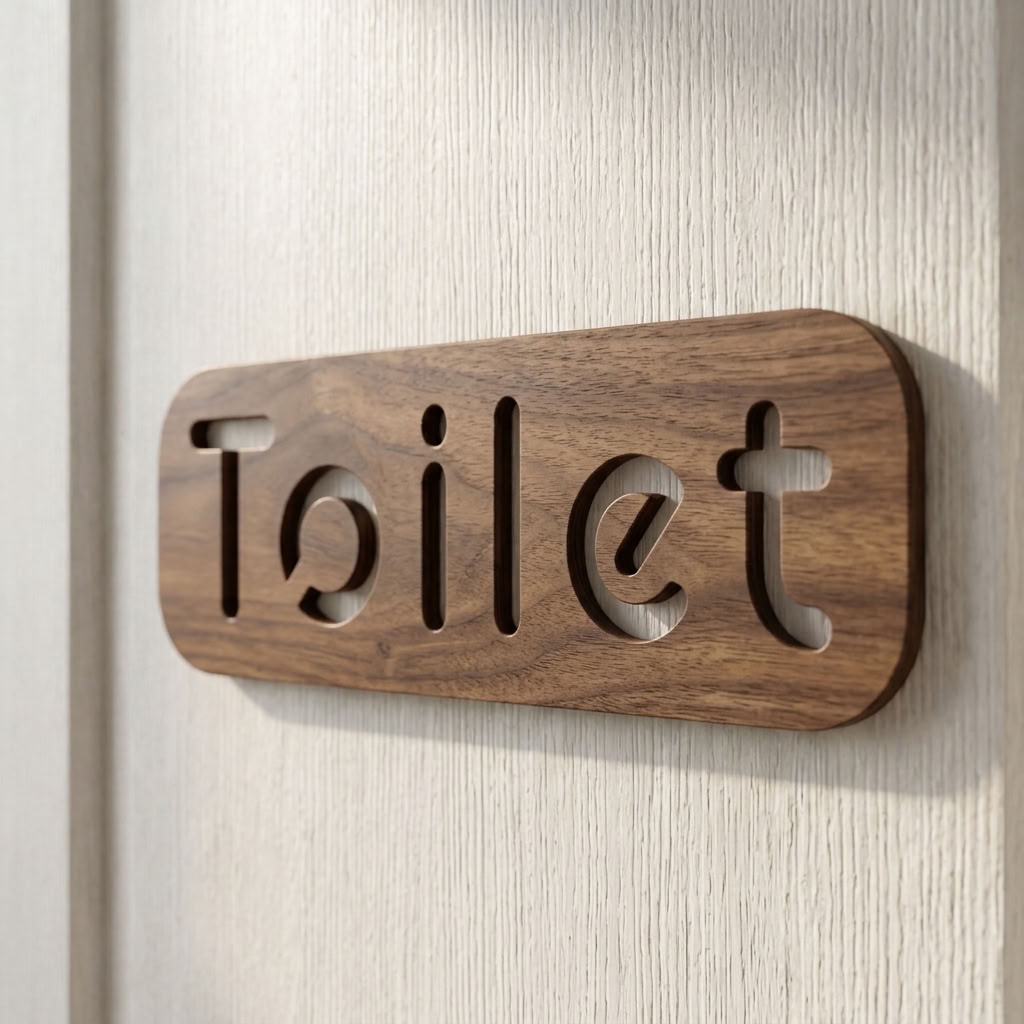 Walnut toilet sign for bathroom doors, washrooms and customer facilities