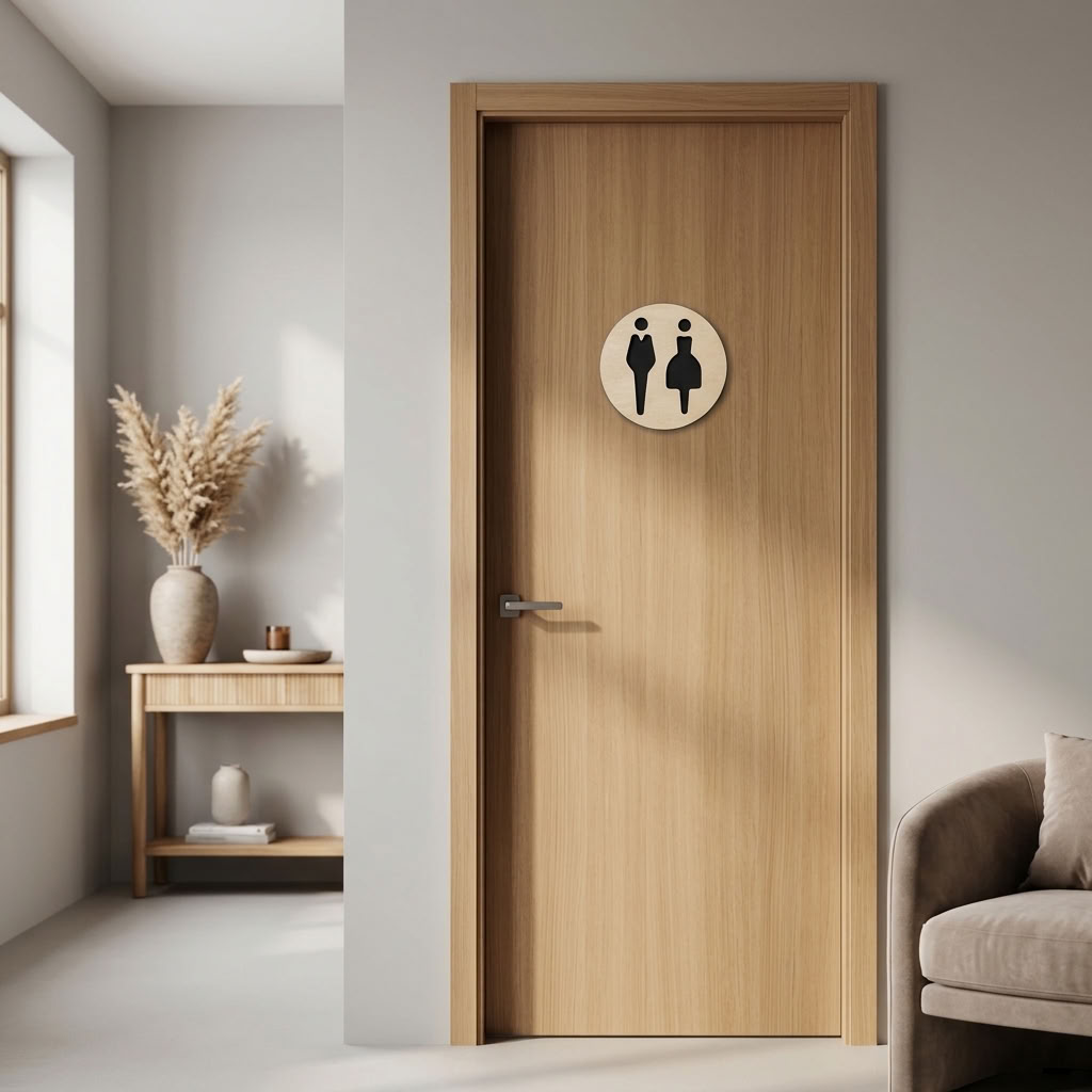 Unisex restroom door sign with raised black acrylic male and female icon on birch plywood