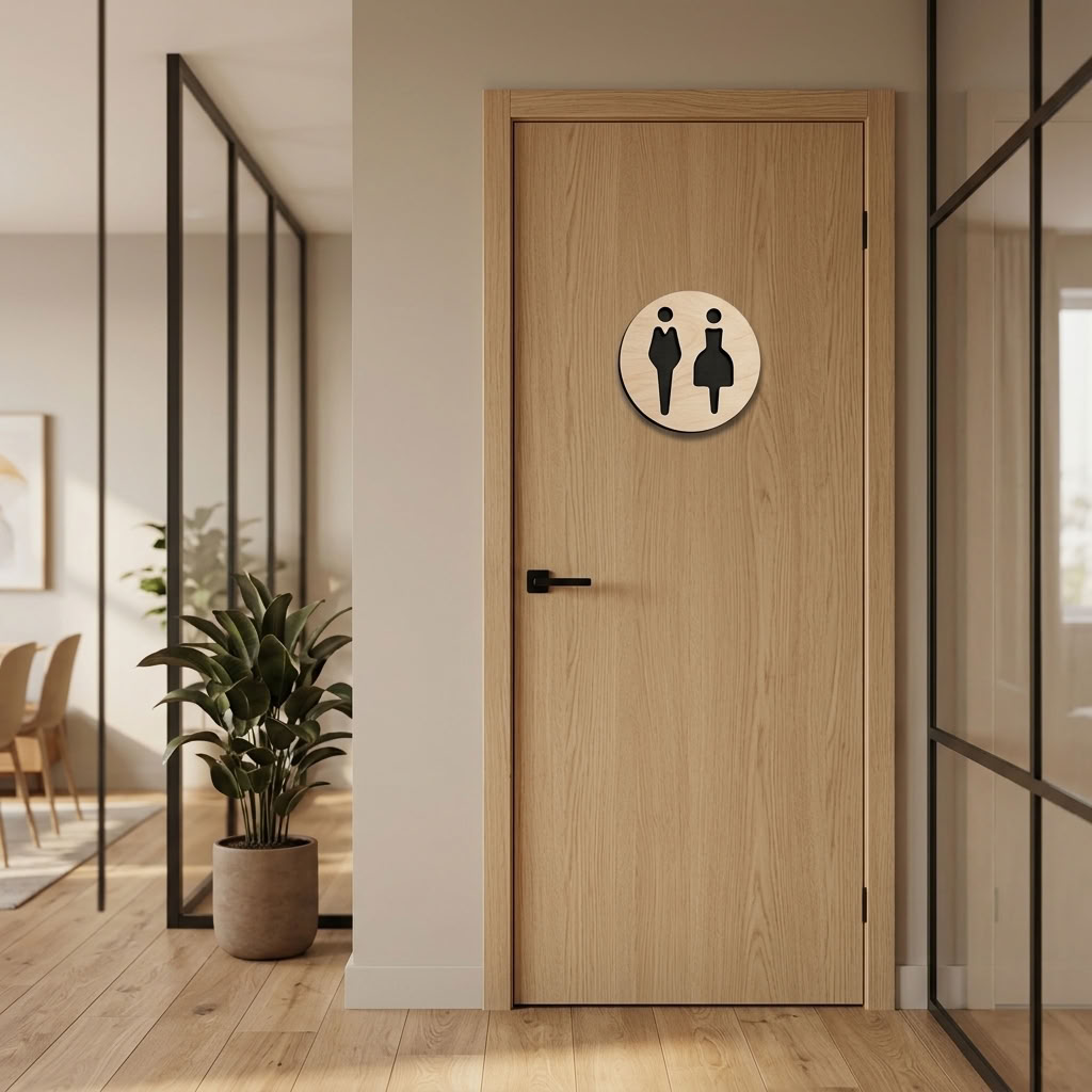 Modern unisex bathroom sign mounted on wooden interior door