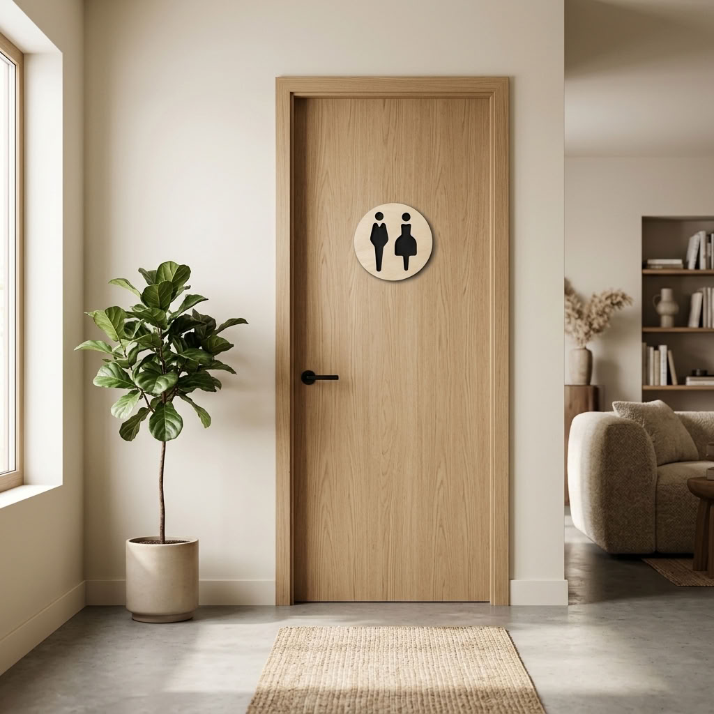 Wooden restroom door plaque with black male and female toilet symbol