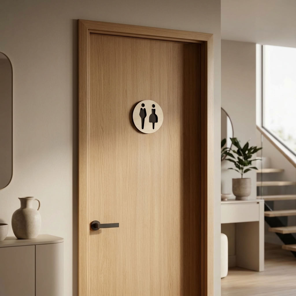 3D acrylic unisex restroom icon on natural birch plywood backboard