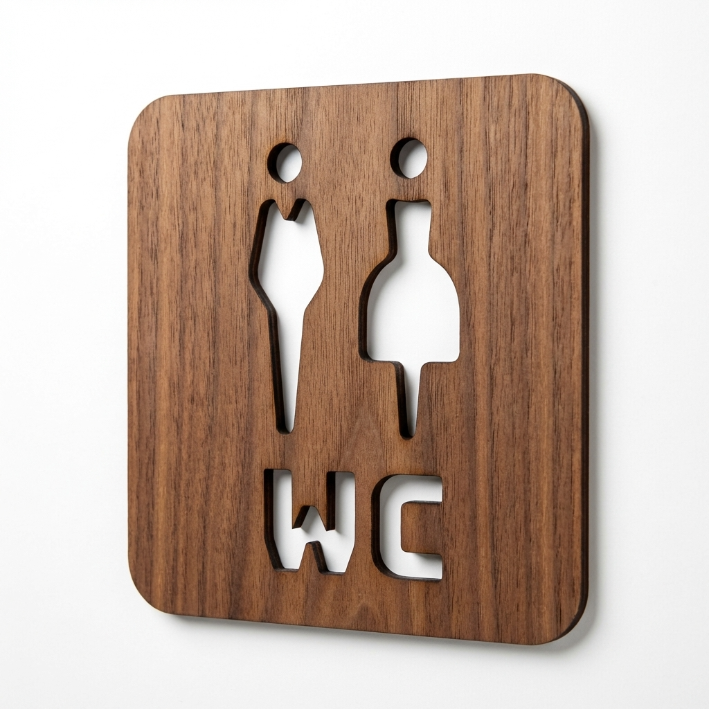 Walnut WC restroom sign with men and women symbols for customer facilities