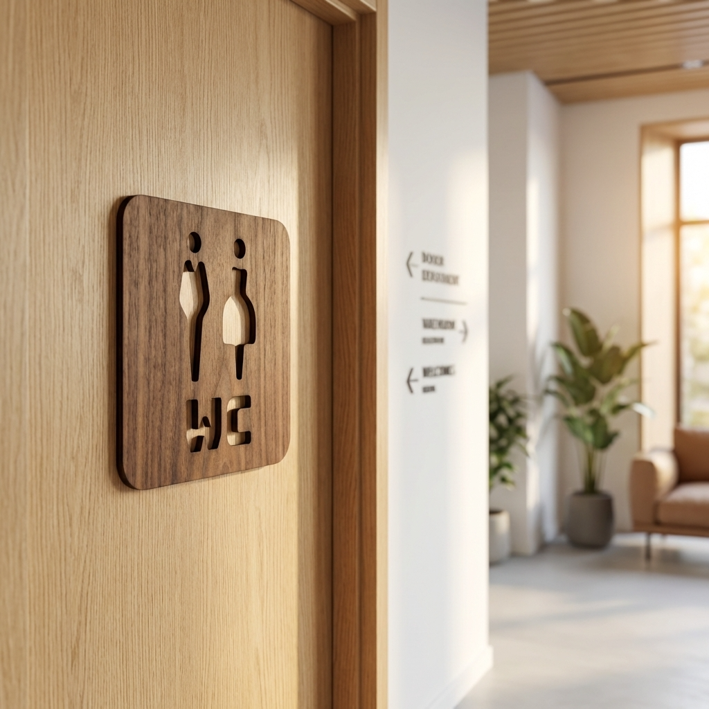 Walnut unisex toilet sign for offices, salons and hospitality interiors