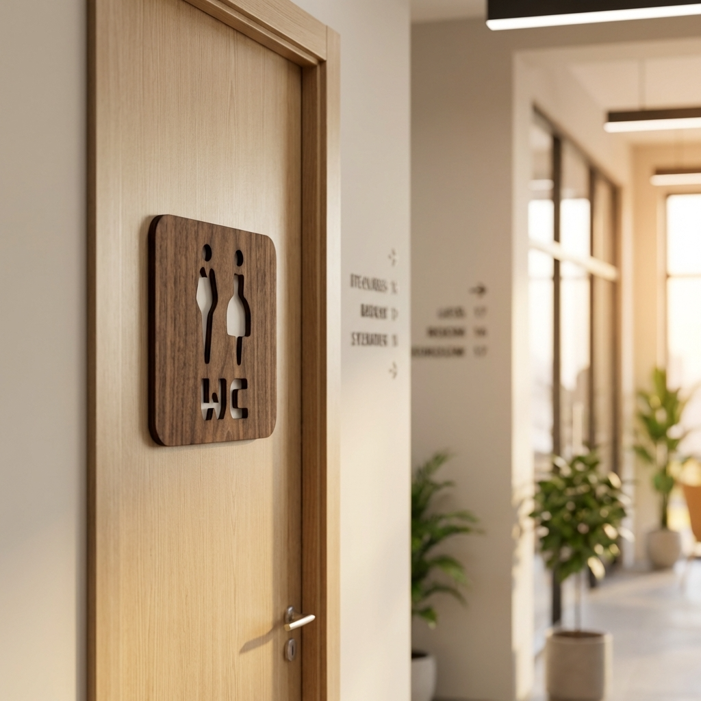 Modern restroom door sign with male and female symbols in natural walnut