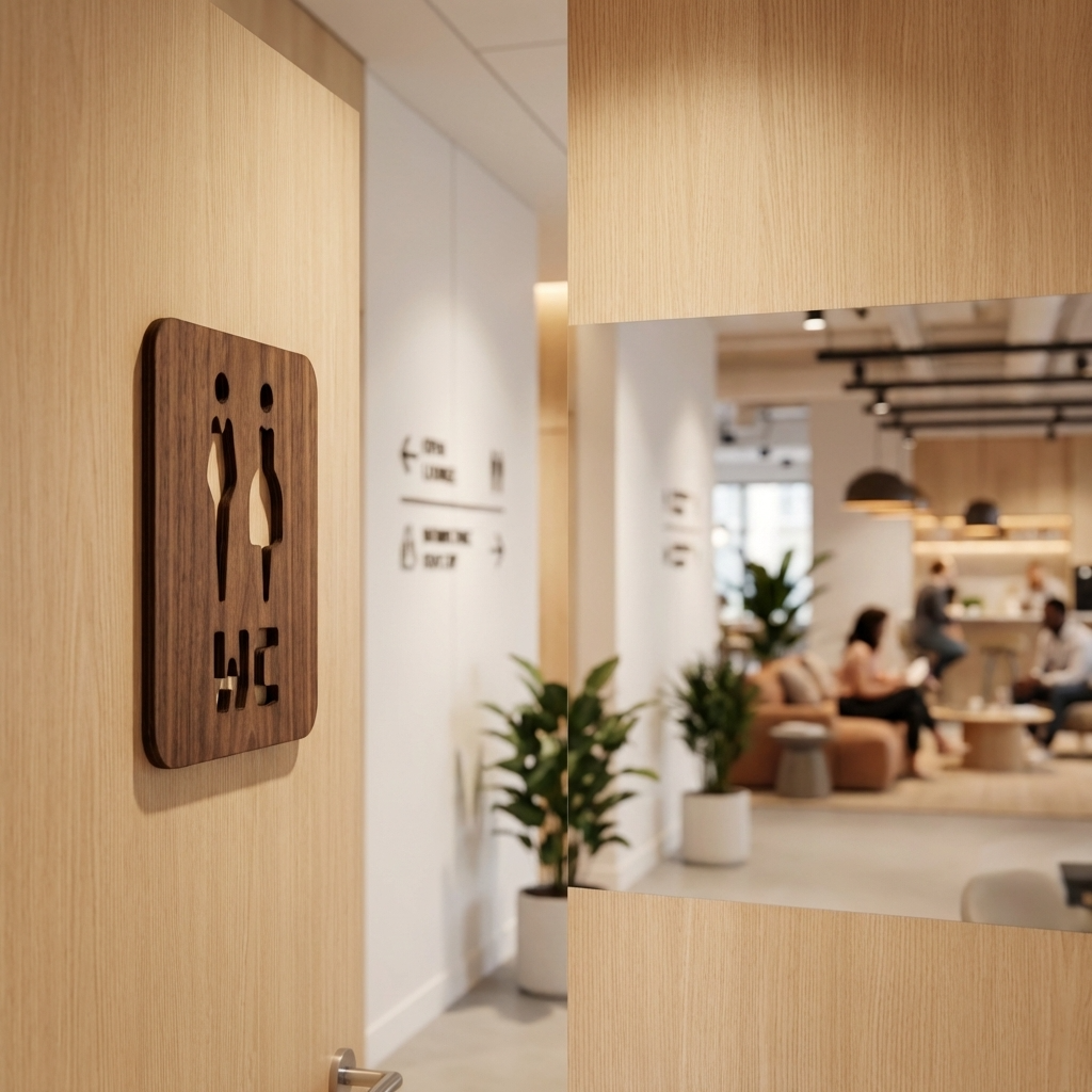 Modern shared toilet sign in walnut for cafés, restaurants, offices and workplaces