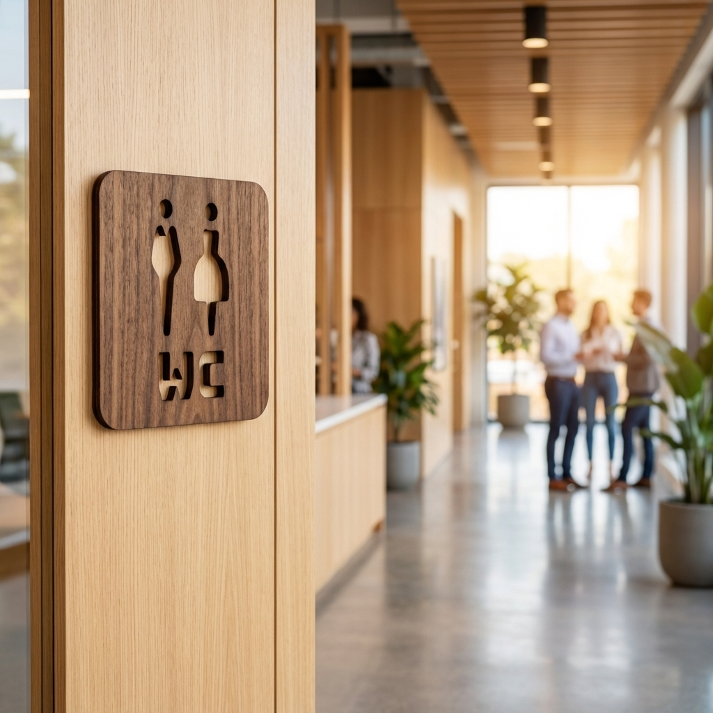 Square wooden toilet sign with male and female restroom symbols