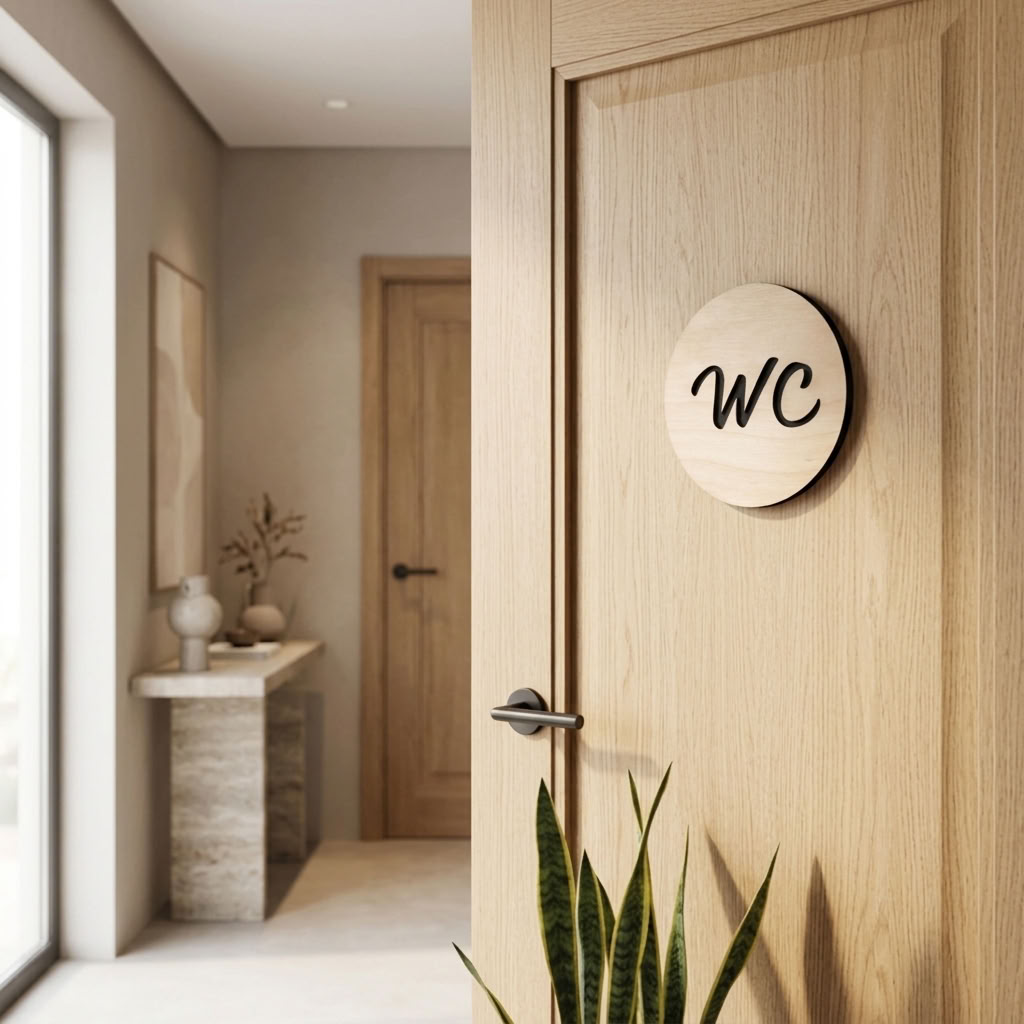 WC door sign with raised black acrylic lettering on natural birch plywood
