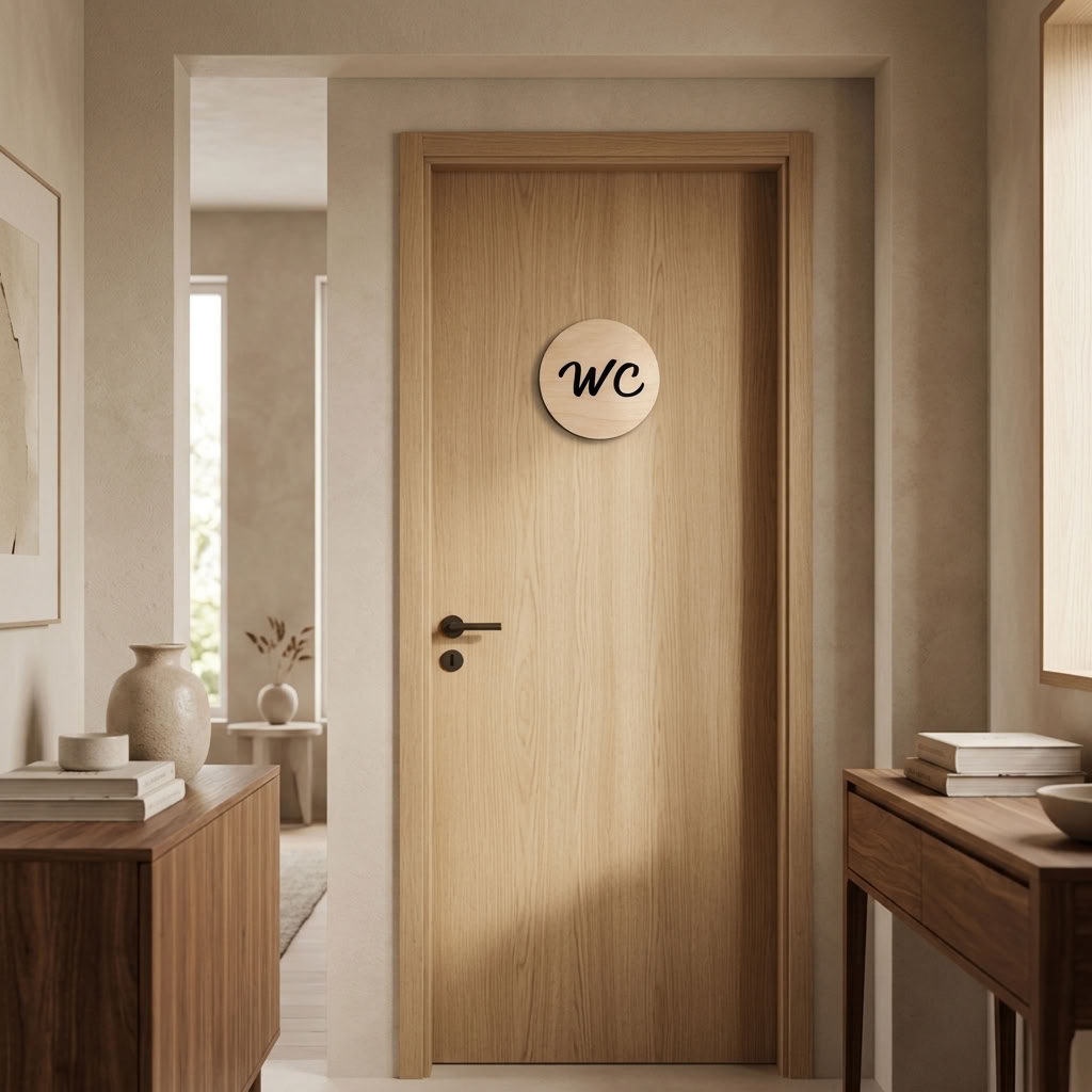 Modern WC bathroom sign mounted on wooden interior door
