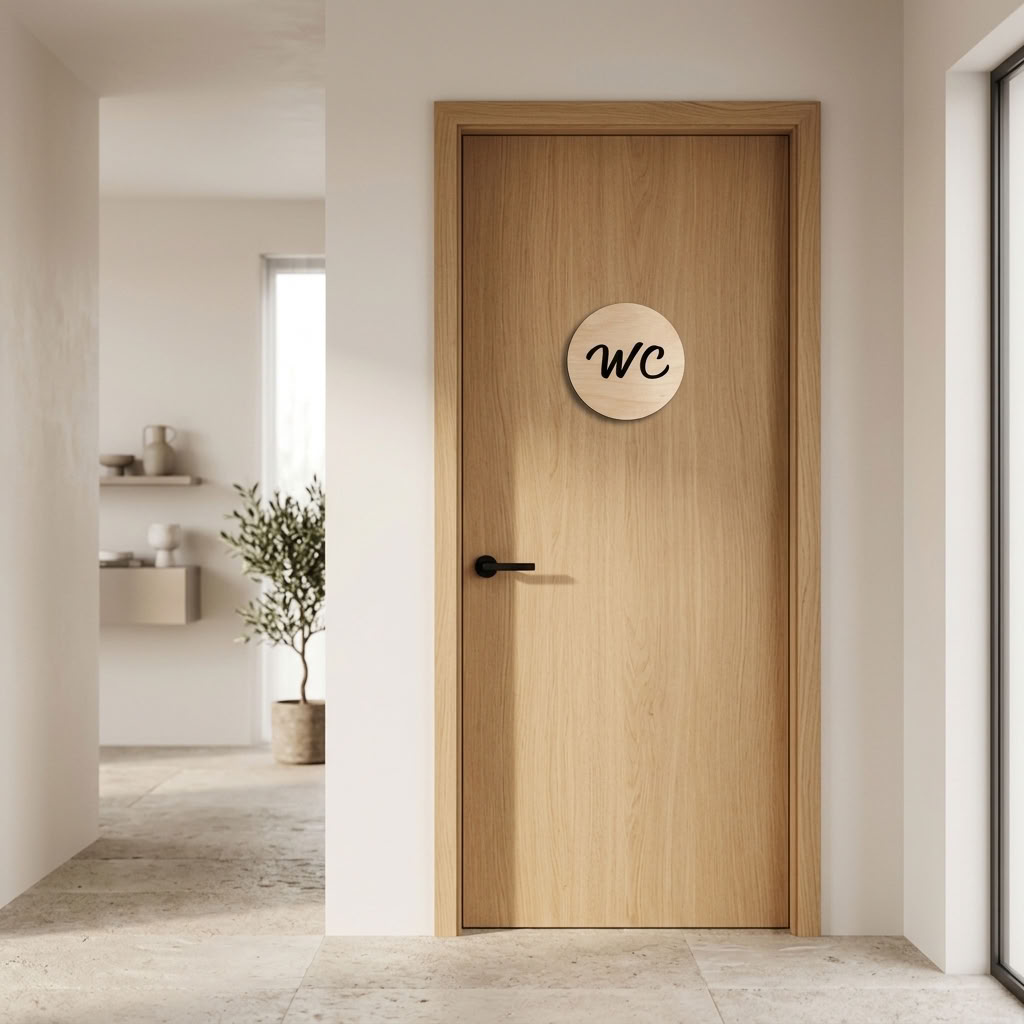 Wooden toilet door plaque with black WC lettering