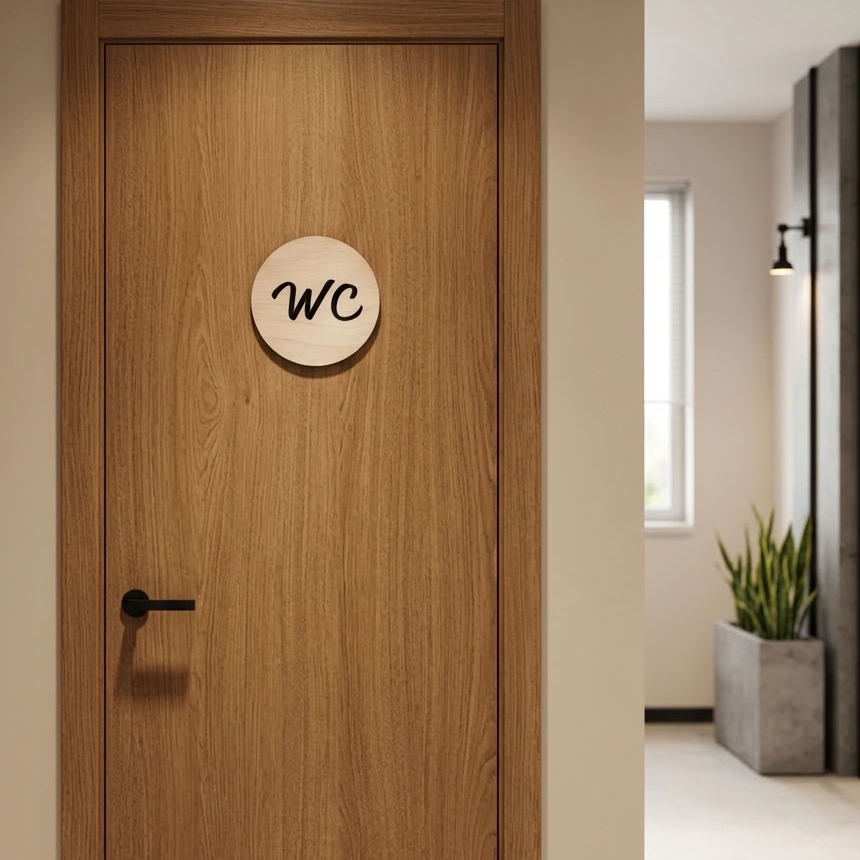 Birch plywood WC sign with modern 3D design