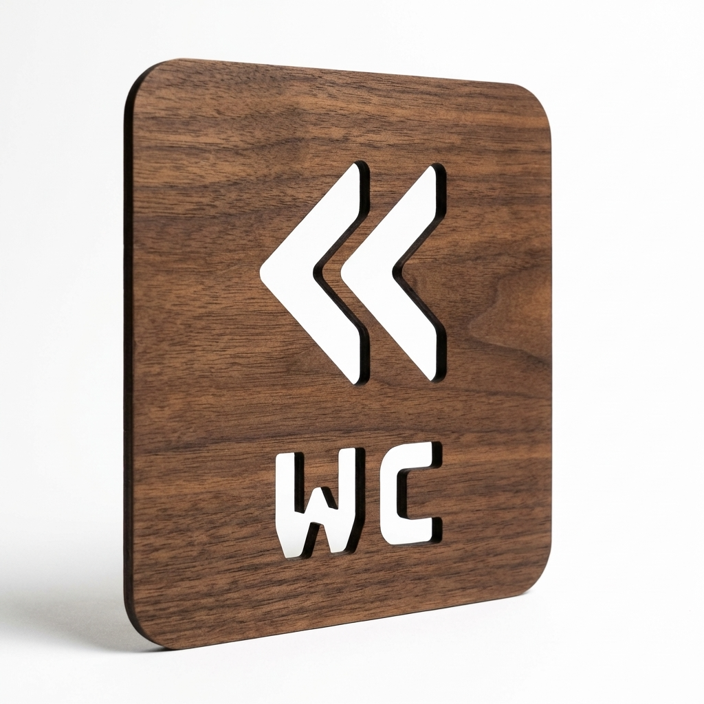 Square wooden restroom wayfinding sign with left arrows for restaurants and offices