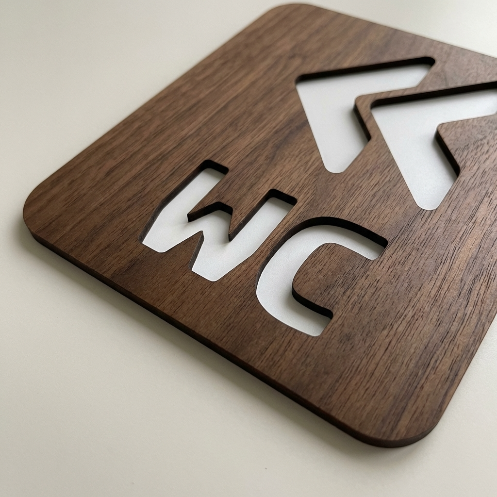 Natural walnut toilet sign with WC lettering and left-pointing arrows