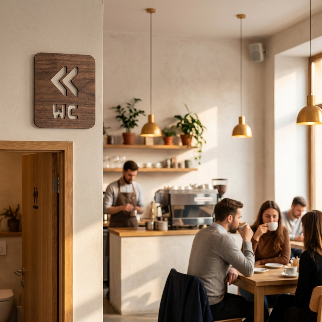 Walnut restroom arrow sign for hotels, restaurants, offices and retail spaces