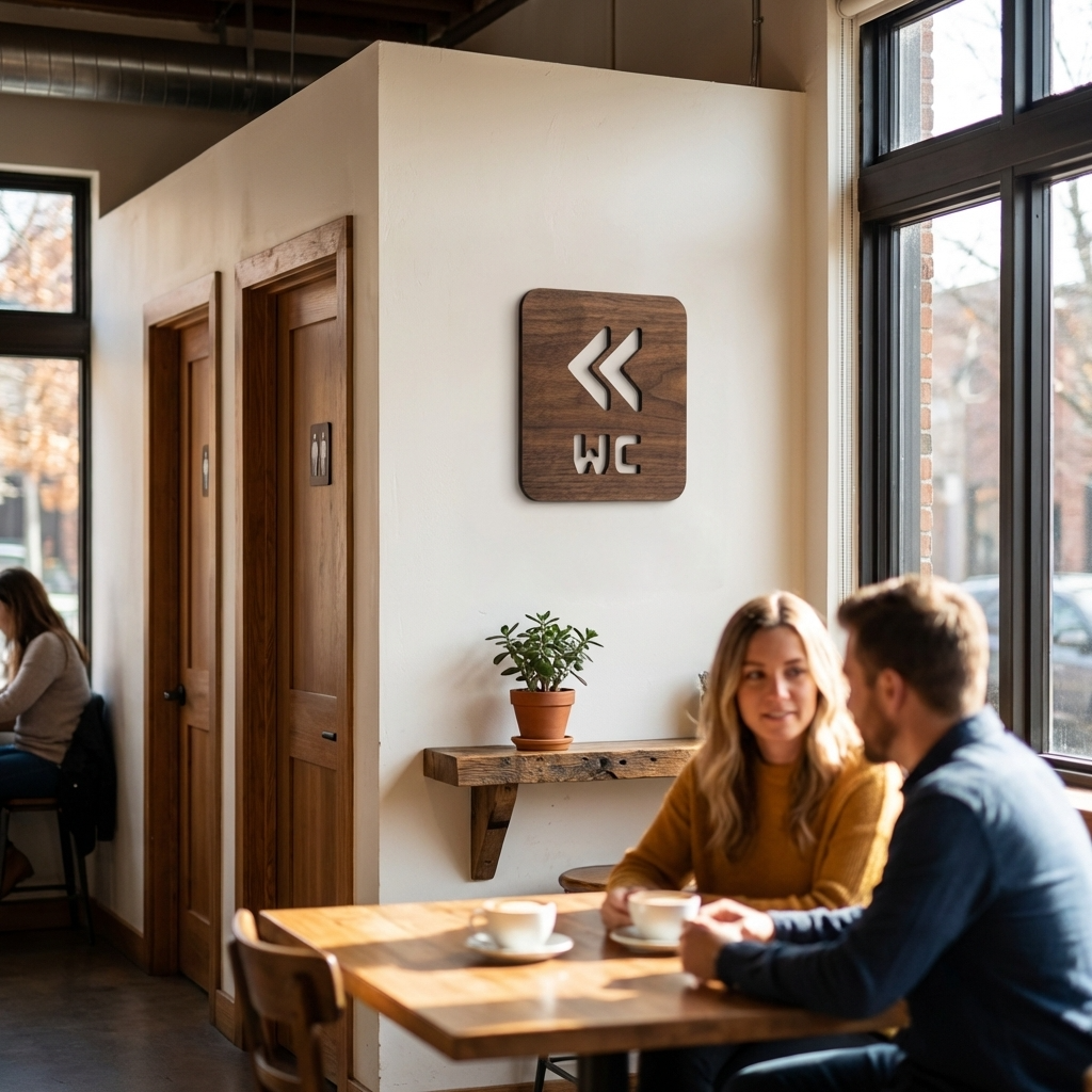 Modern wooden WC sign pointing left for customer-facing businesses