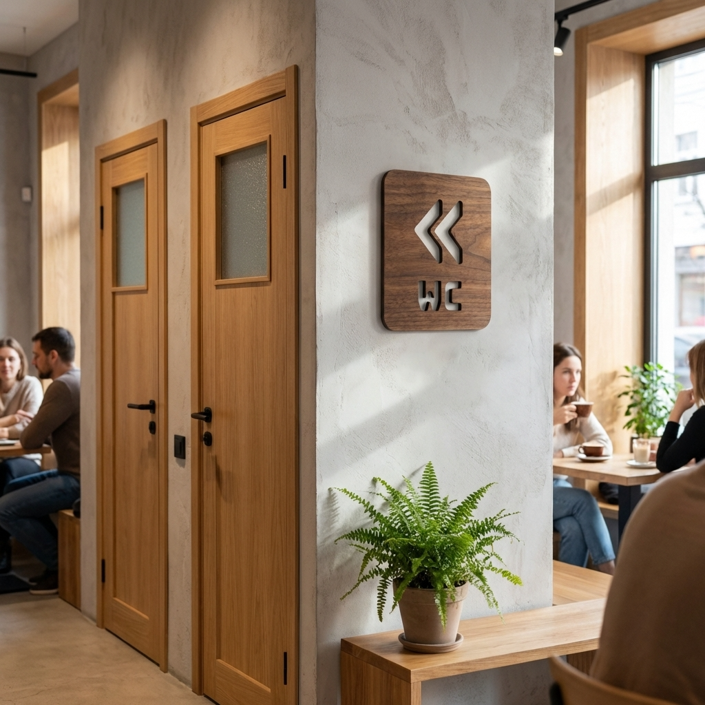 Walnut bathroom direction sign for cafés, pubs and hospitality interiors