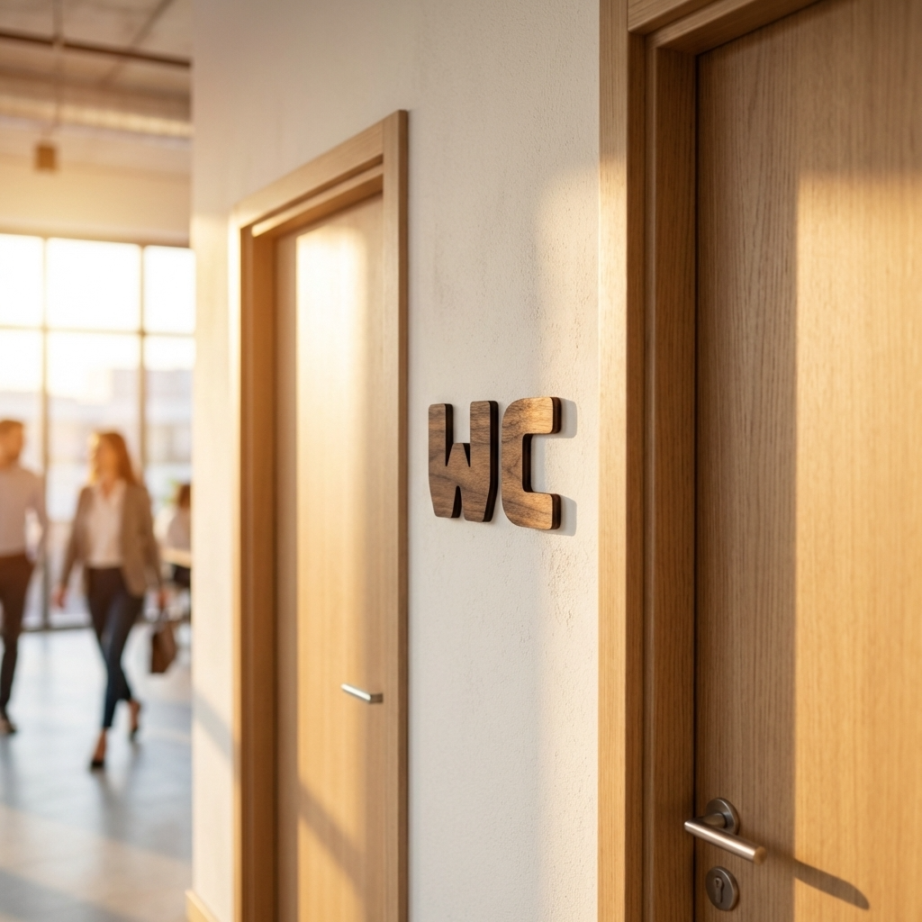 Wooden WC door sign with natural walnut finish for modern bathrooms