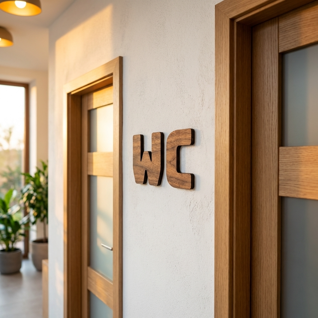 Modern wooden WC lettering for restroom doors and bathroom walls
