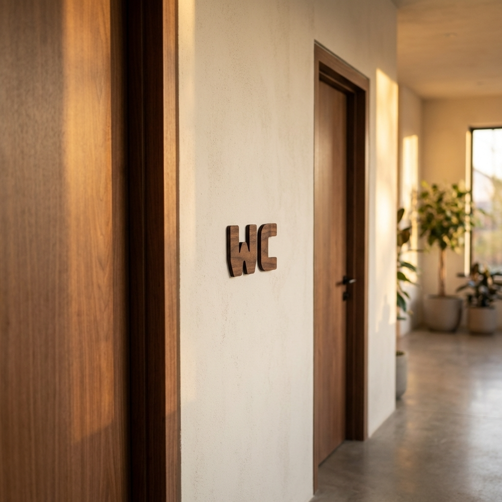 Natural walnut WC wall sign for cafés, shops and hospitality venues
