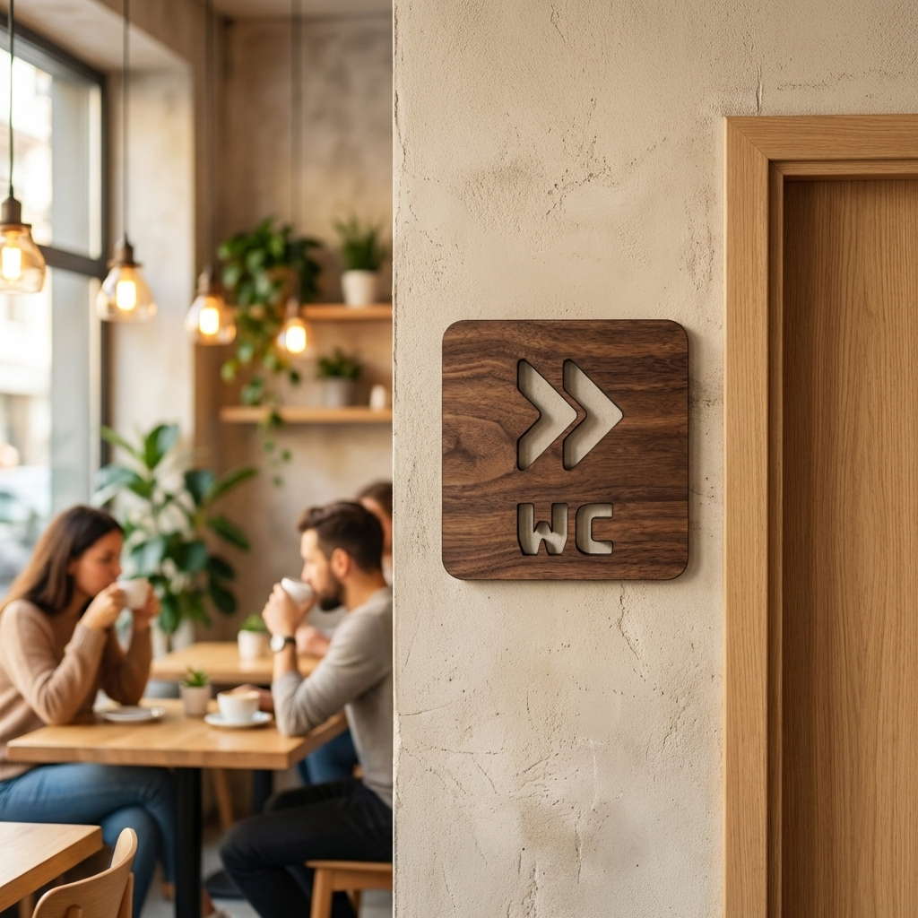 Wooden toilet wayfinding sign with right arrow design