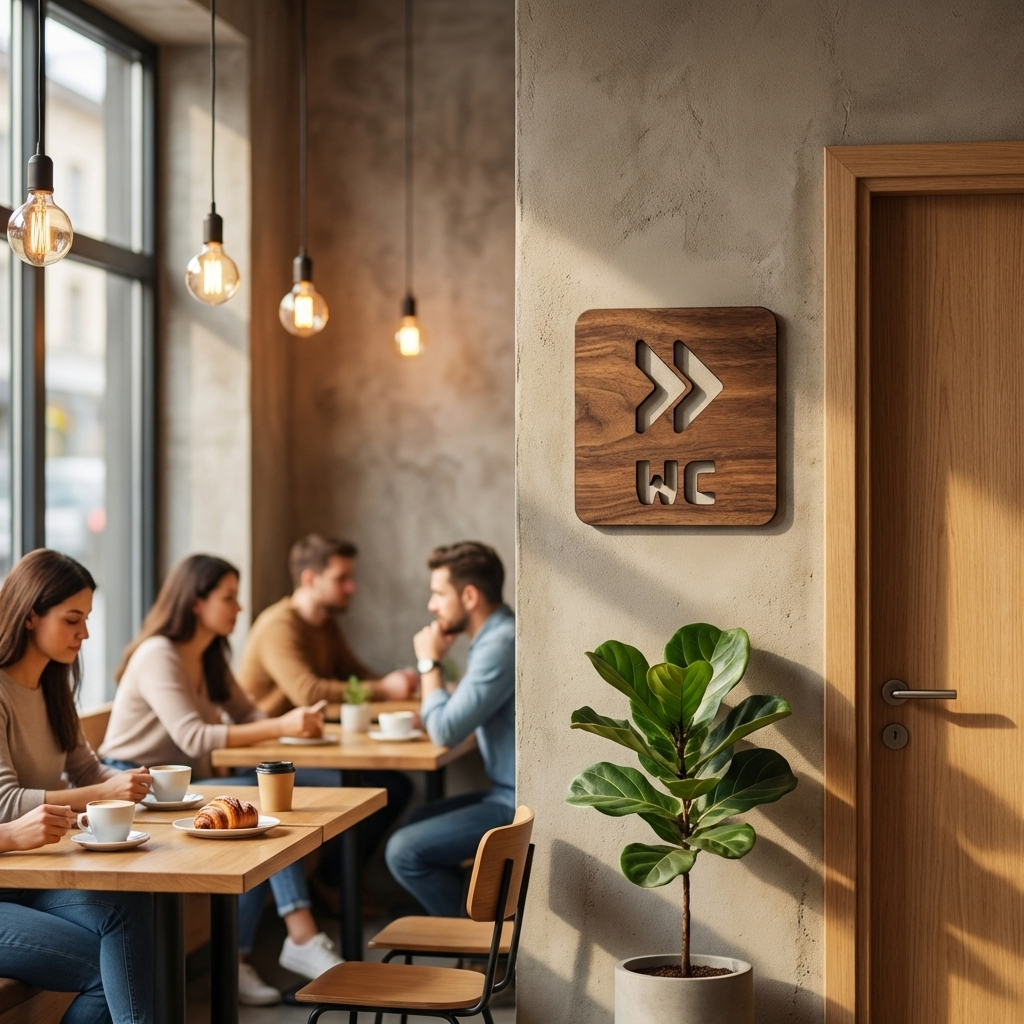 Walnut WC directional plaque with clean modern finish
