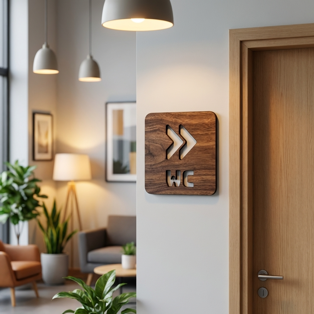 A square wooden wall sign with a double-chevron and WC cutout, mounted on a white wall next to a light wood door in a modern, well-lit hallway.