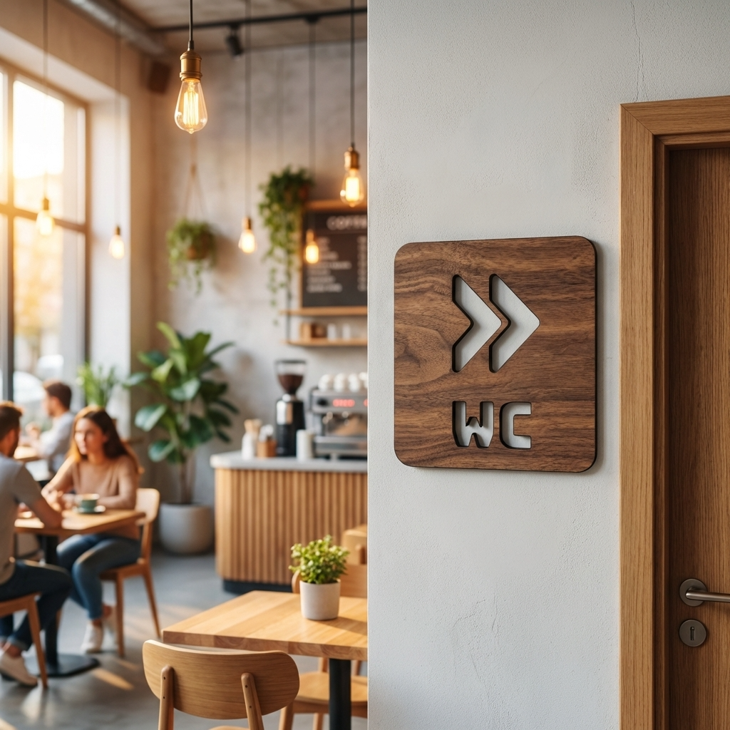 Minimalist wooden restroom sign with WC lettering