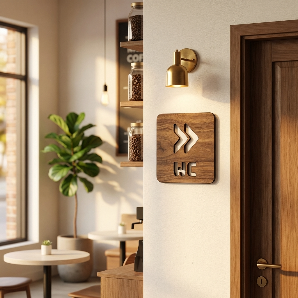 Square walnut washroom sign with directional arrow