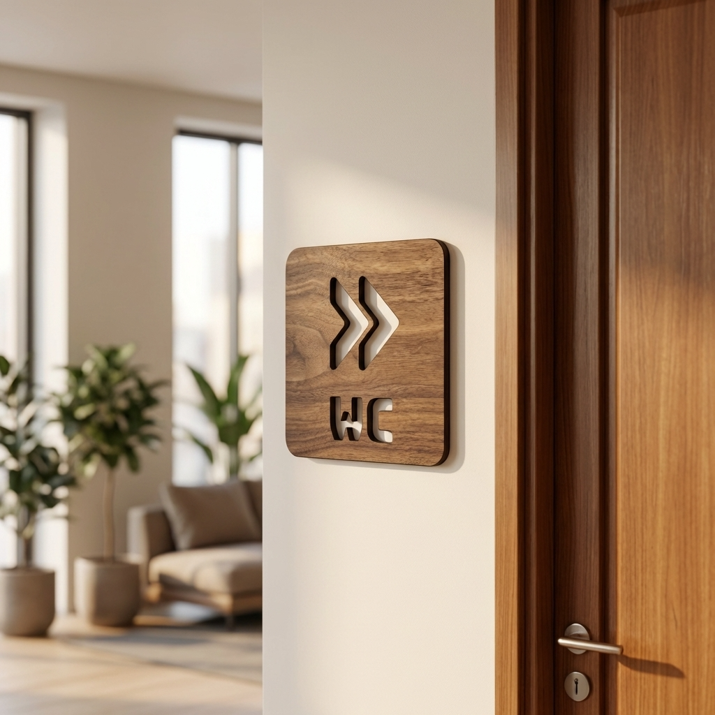 Walnut WC right arrow sign with square modern design