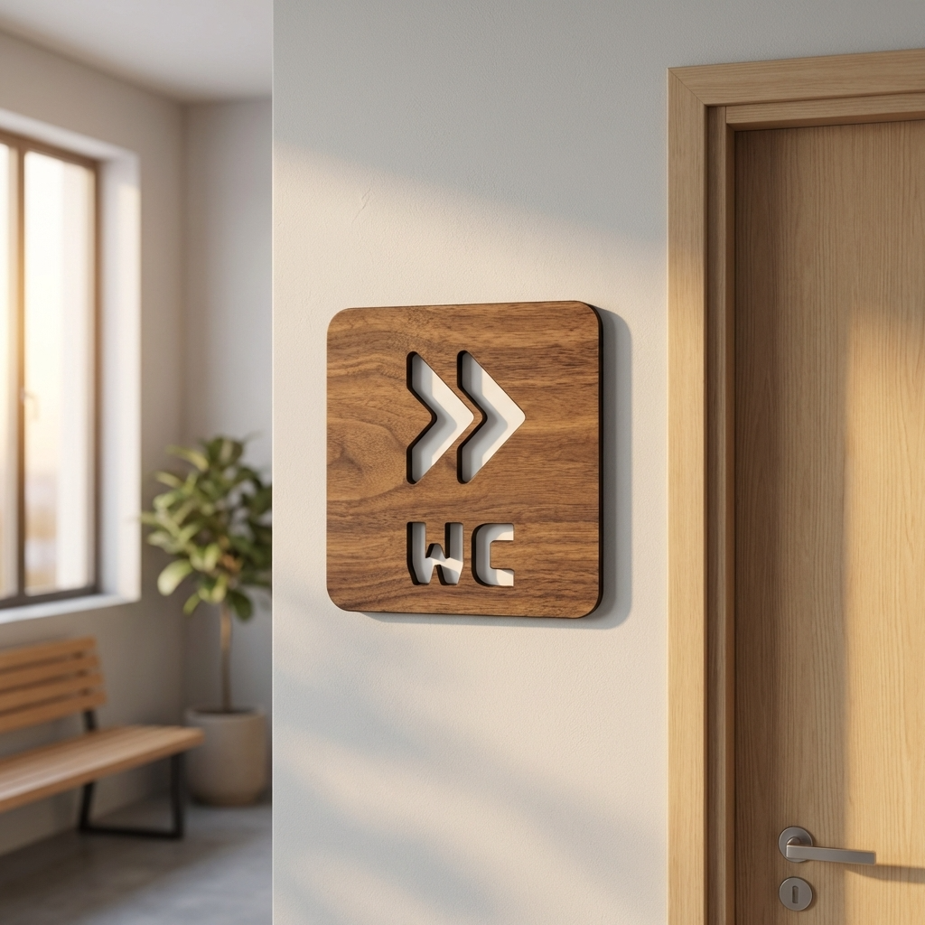 Square walnut toilet direction sign with WC lettering