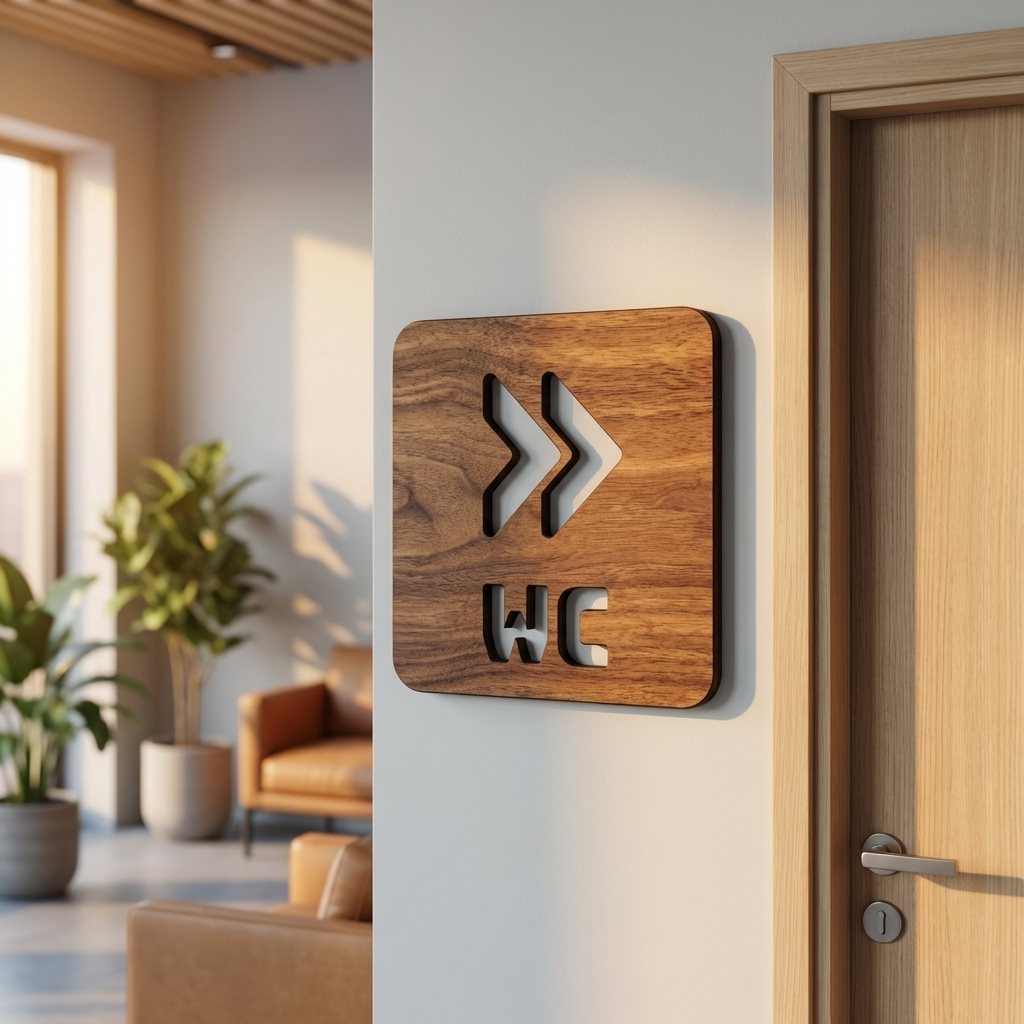 Wooden WC right arrow restroom sign for wall mounting