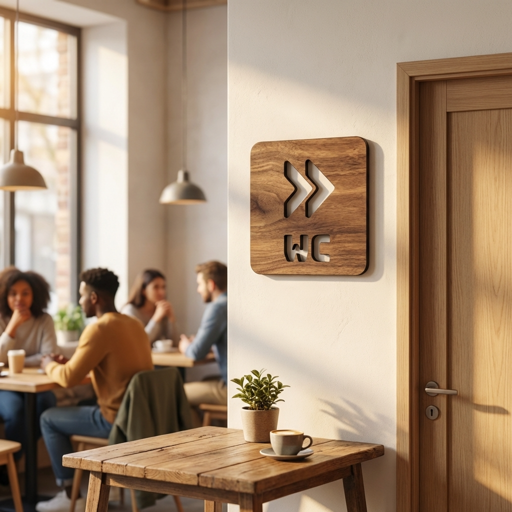 Walnut washroom direction sign with right arrow symbol