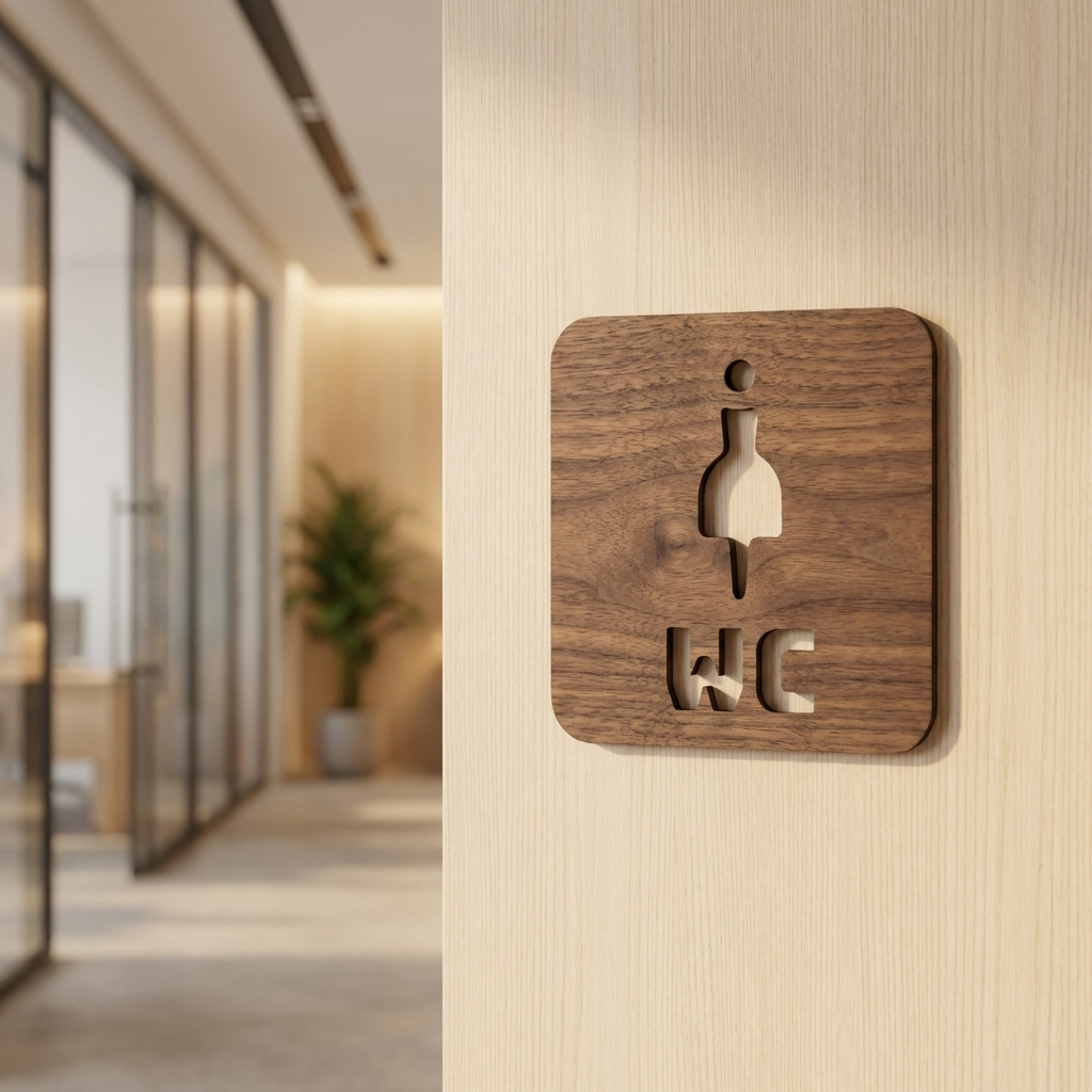 Walnut women’s WC sign with female symbol and WC lettering