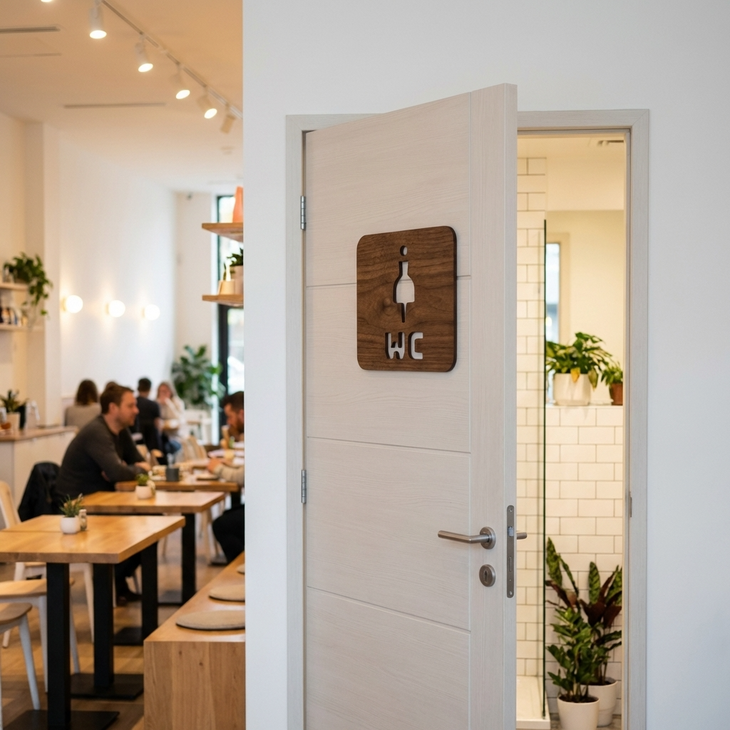Modern women’s bathroom sign with WC lettering
