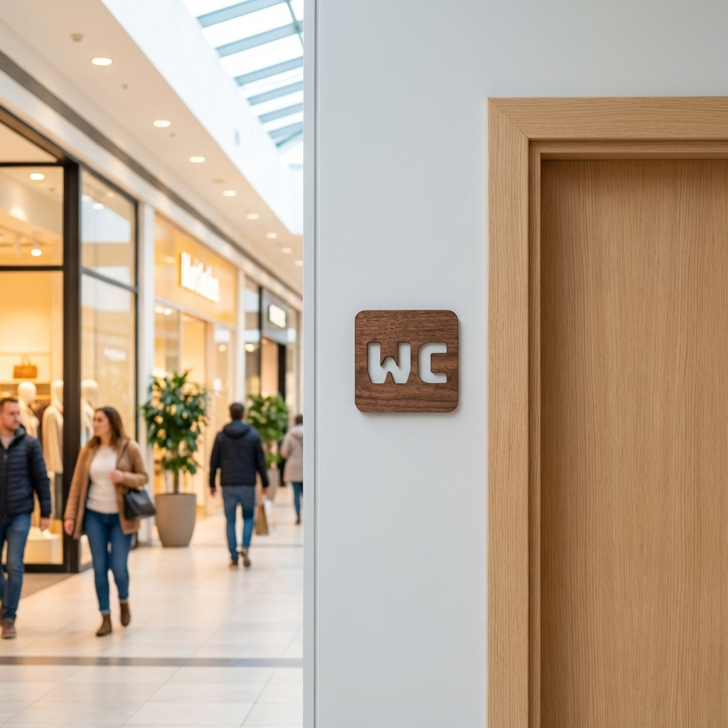 Wooden WC toilet sign with natural walnut finish