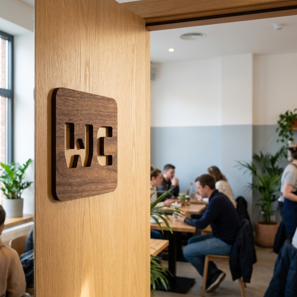 Walnut WC sign square toilet door sign with cut-out lettering
