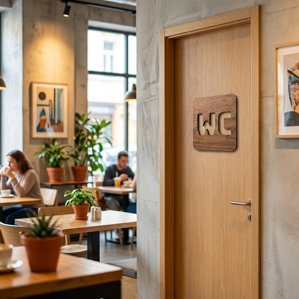 Walnut toilet door sign with modern square design