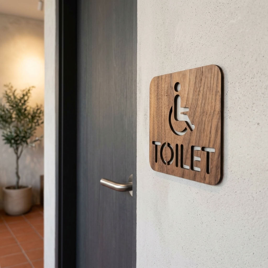 Wooden disabled toilet sign with wheelchair symbol for offices, hotels and commercial premises