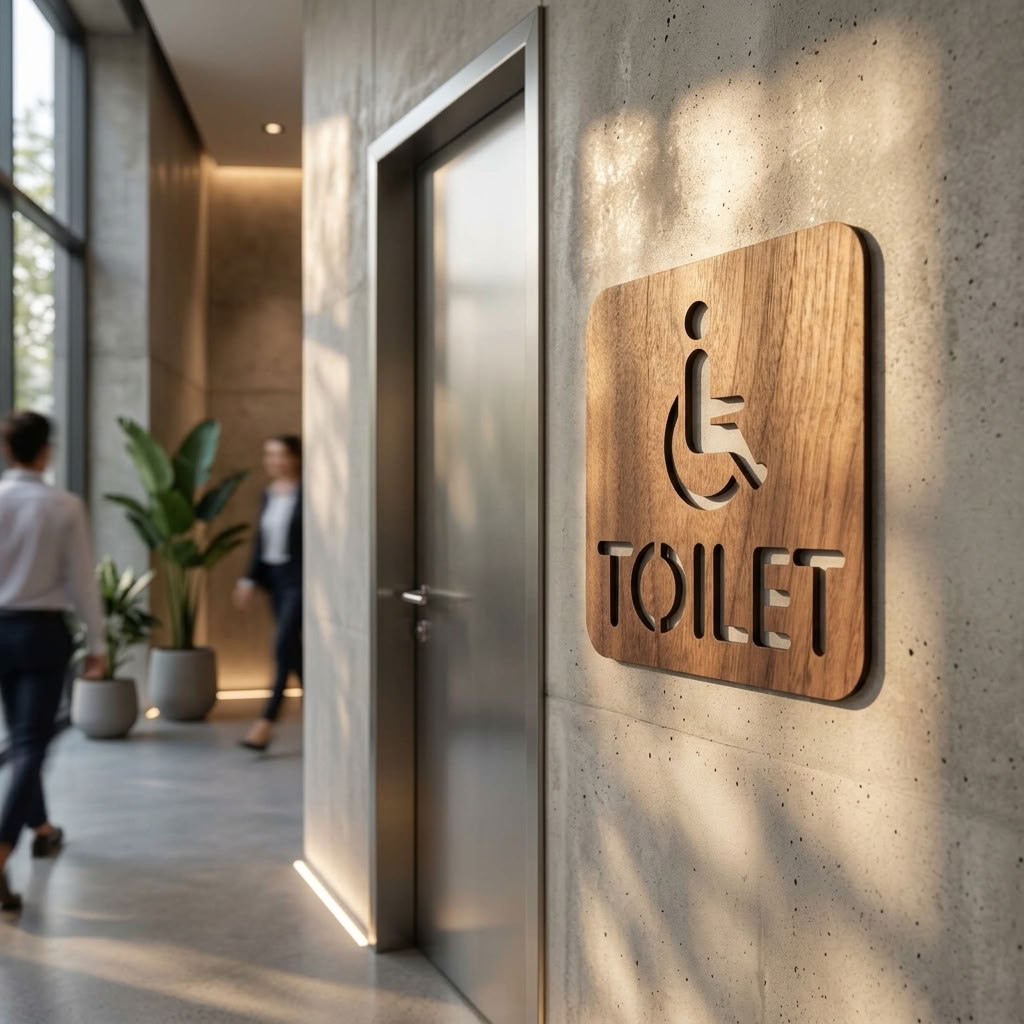Square wheelchair toilet sign in natural walnut for hotels, offices and hospitality venues
