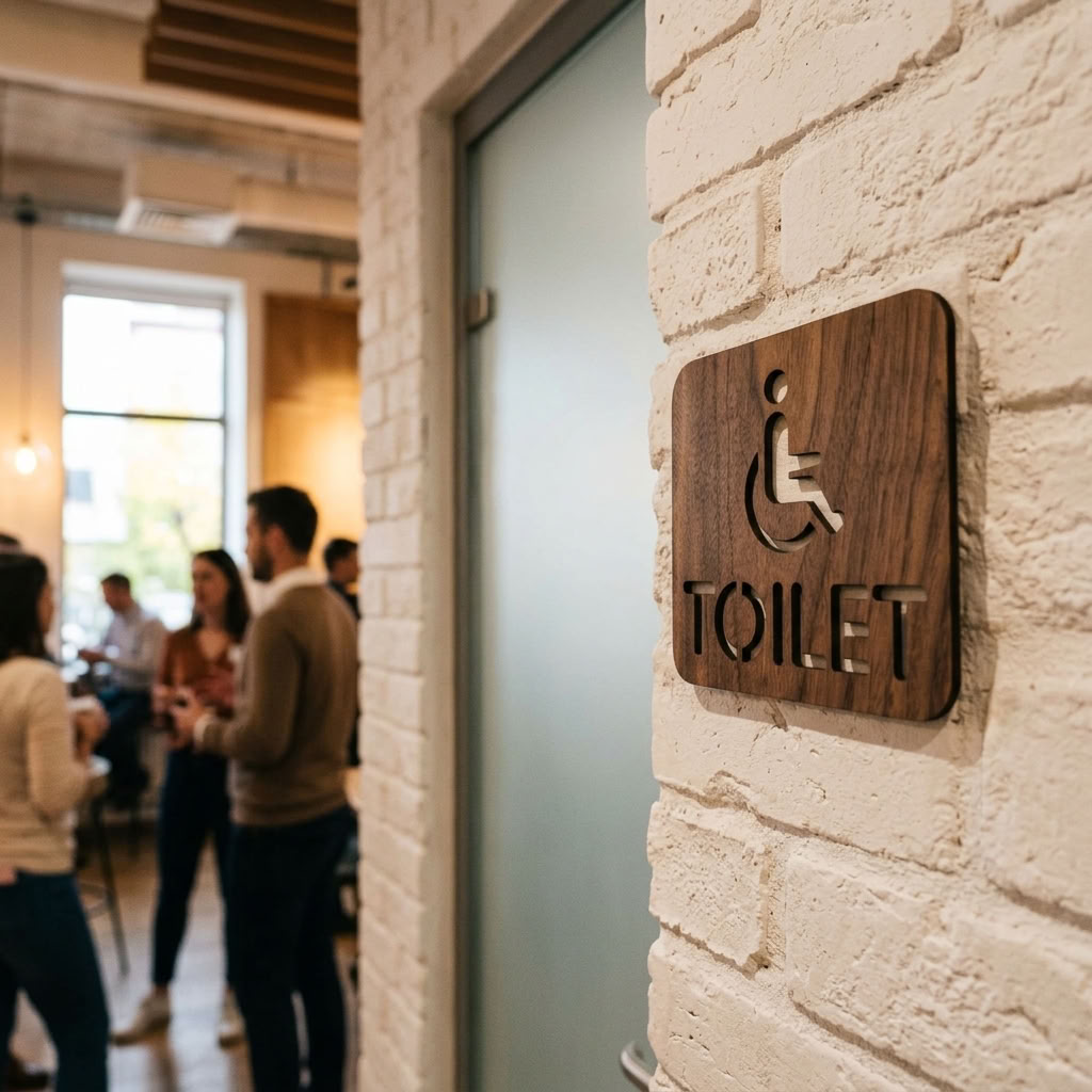 Wooden accessible bathroom sign for commercial toilets, cafés and public-facing businesses
