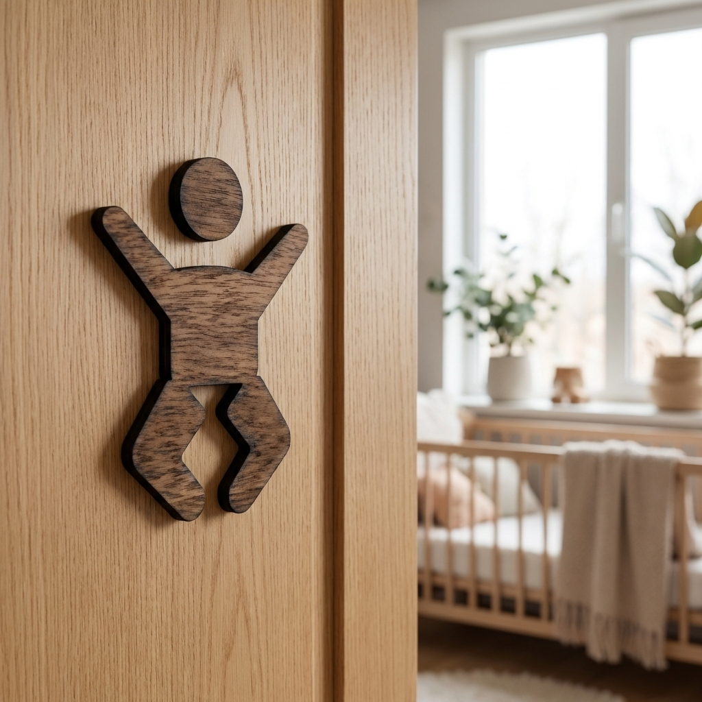Baby changing room door sign made from walnut for businesses and customer restrooms