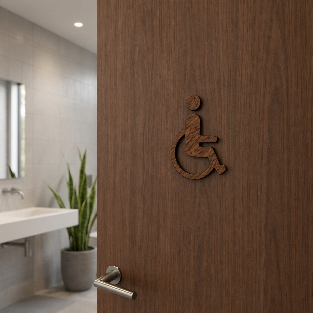Wheelchair accessibility sign in natural walnut for commercial bathrooms and disabled facilities
