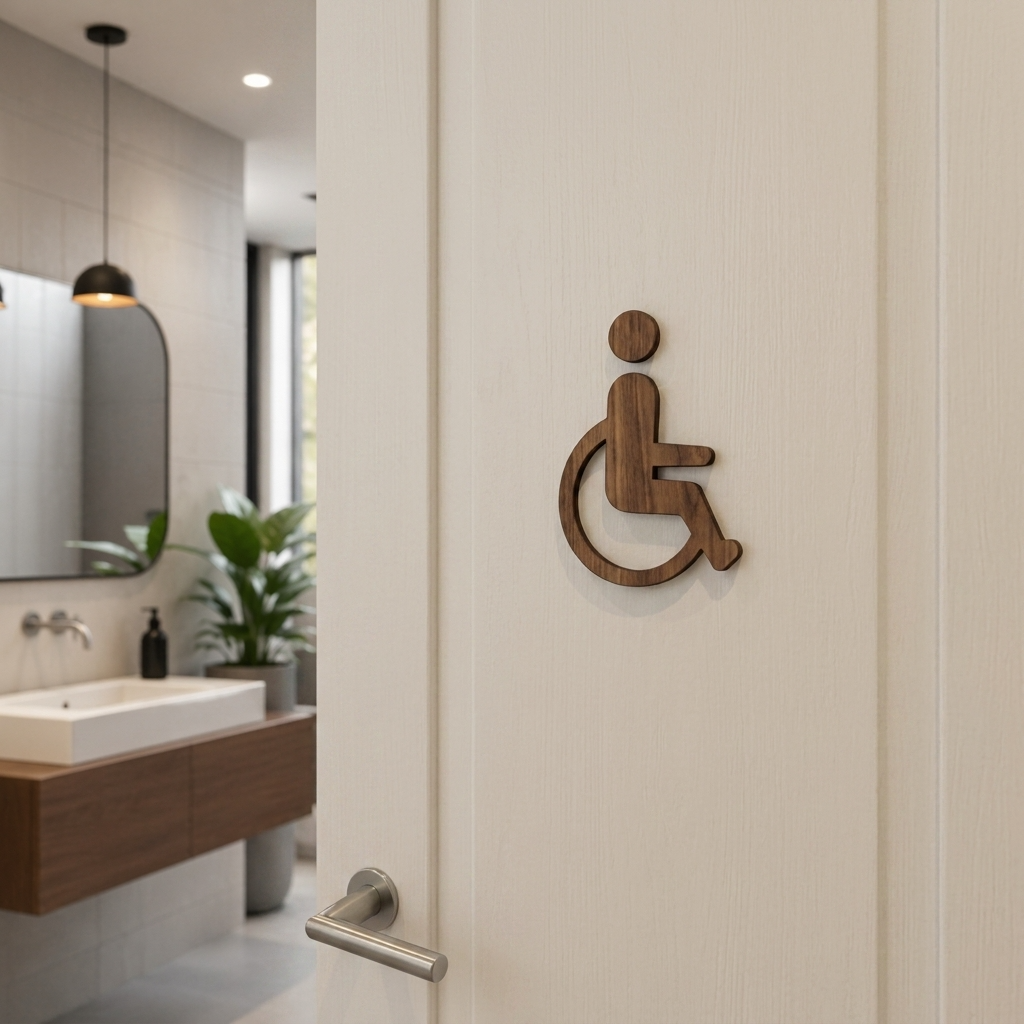 Wooden accessible restroom symbol for offices, hotels, clinics and hospitality venues