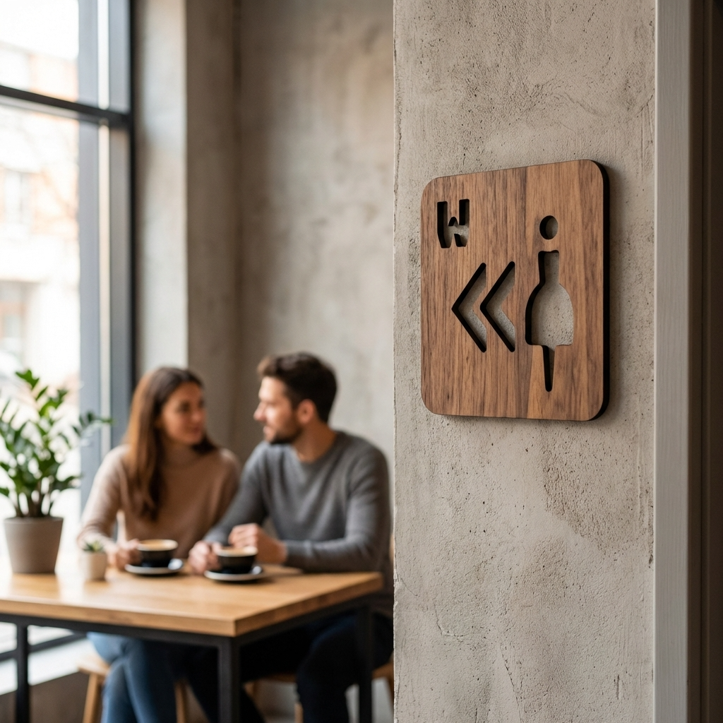 Natural walnut women’s restroom sign pointing left for customer-facing businesses