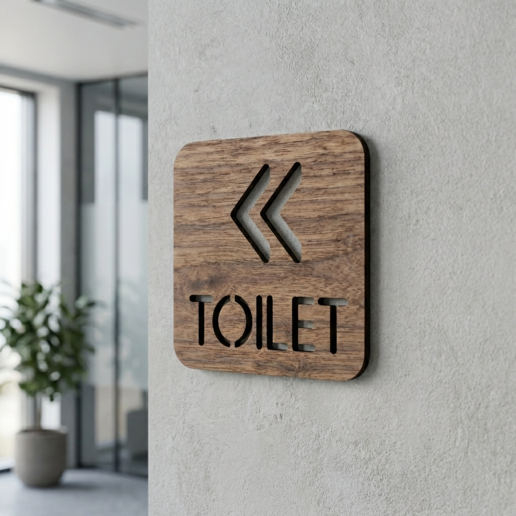 Wooden bathroom direction sign for restaurants, coffee shops, offices and commercial interiors