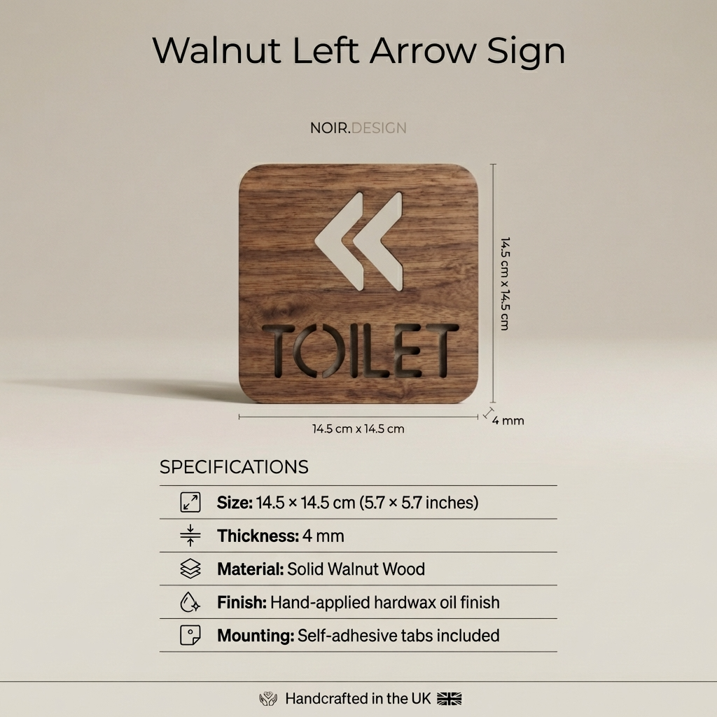 Commercial wooden restroom sign with left arrows for offices, cafés and restaurant interiors