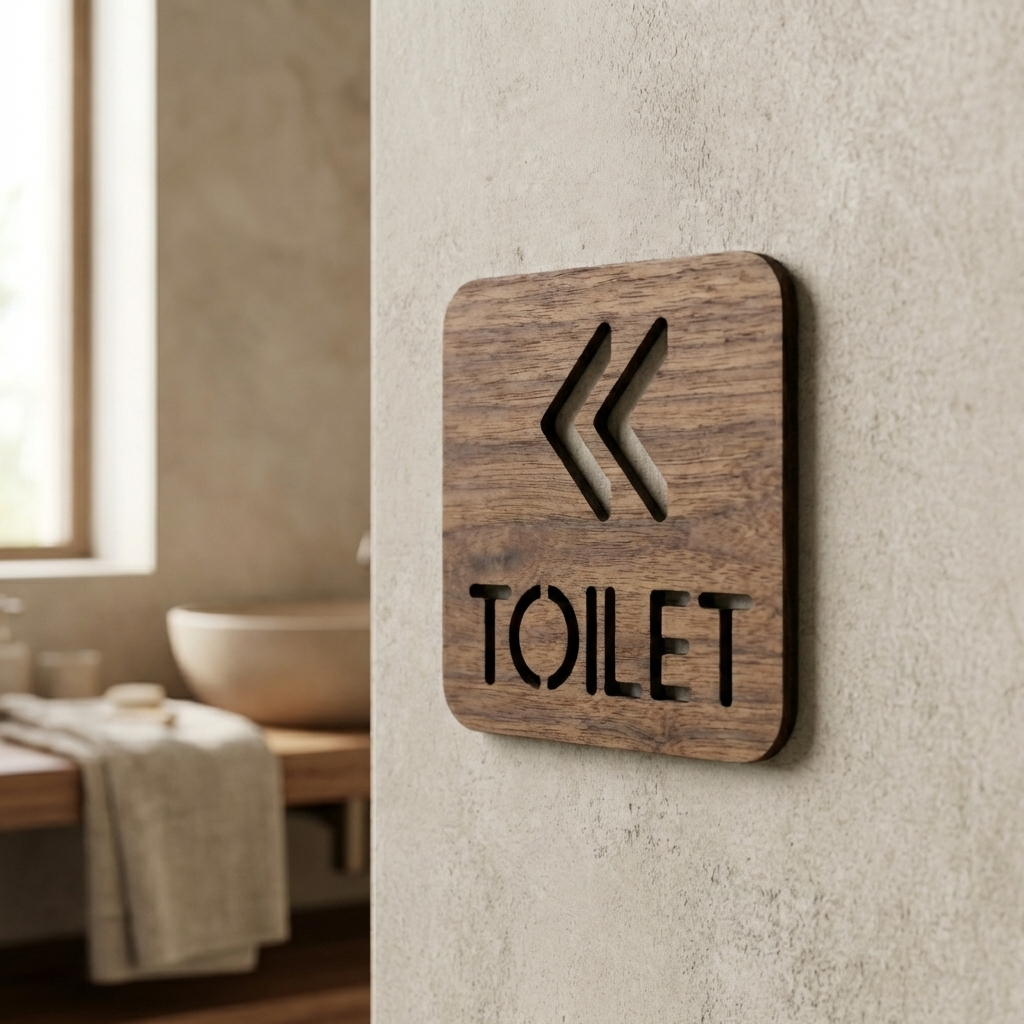 Modern rustic walnut toilet sign for office buildings, cafés, restaurants and hospitality spaces