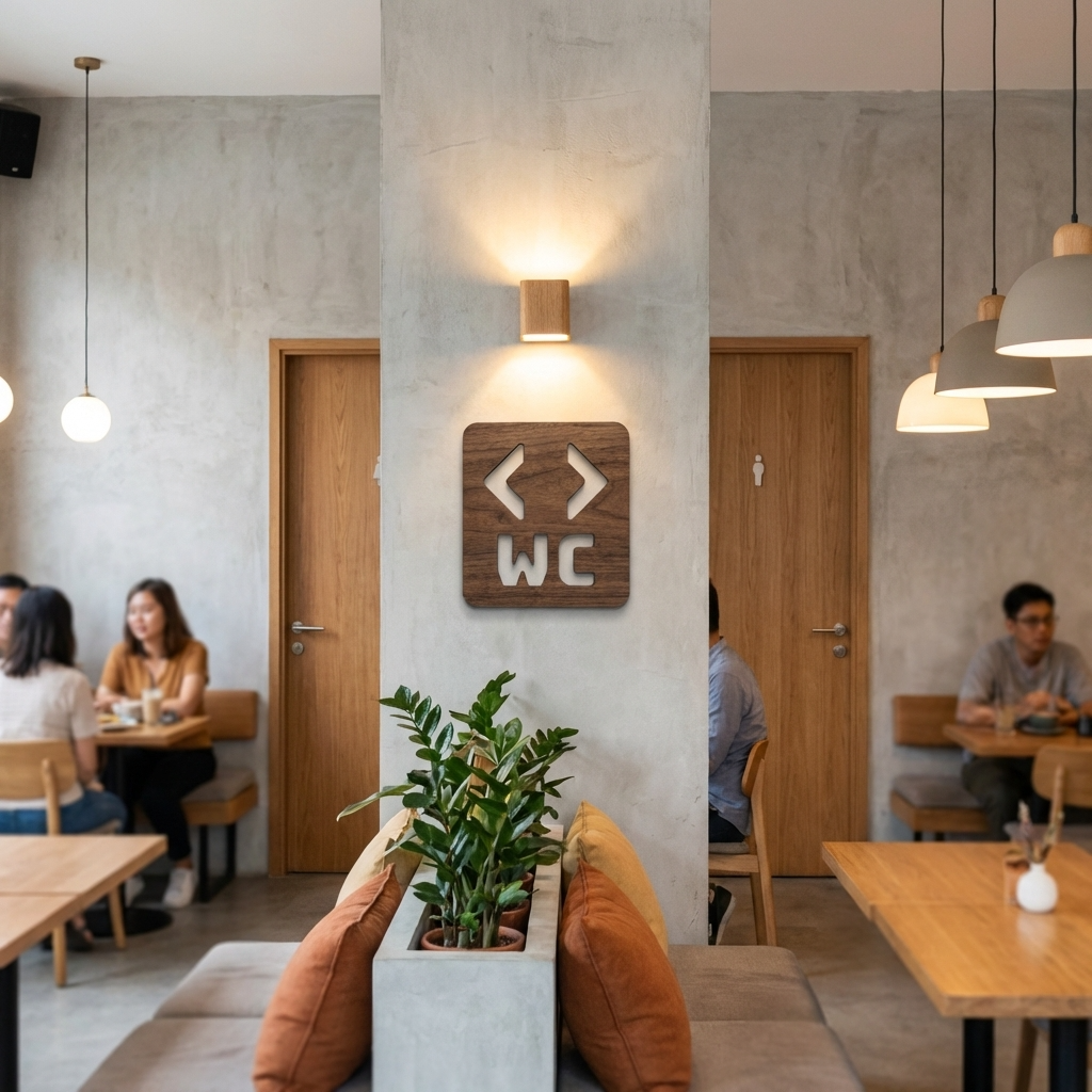 Wooden toilet direction sign with left right arrows for offices and hotels