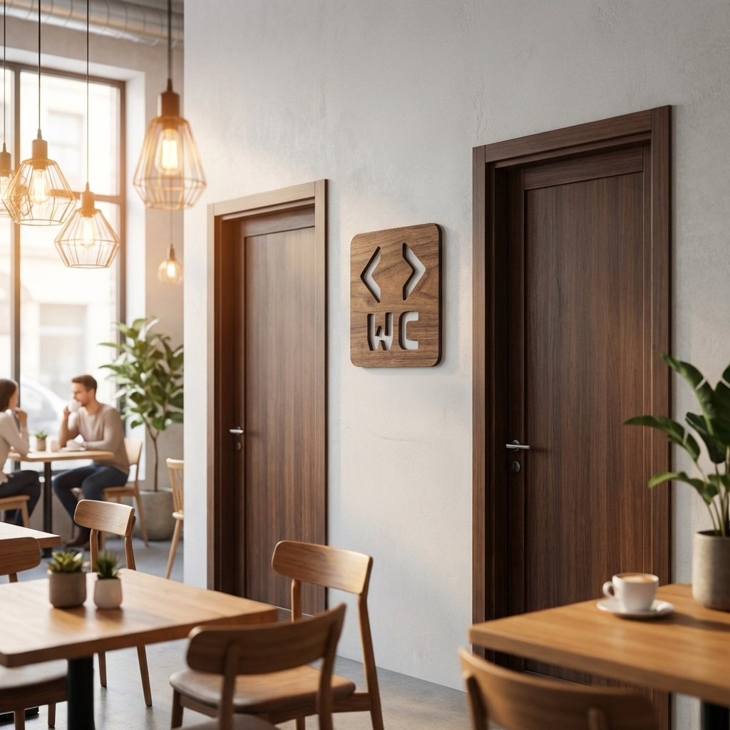Square walnut WC direction sign for commercial restroom wayfinding